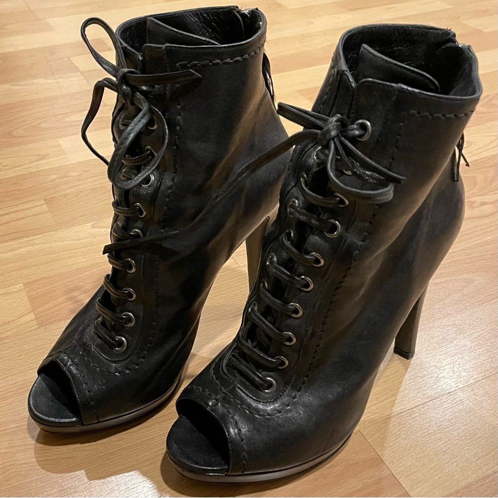 EUC Miu Miu 5” Lace-Up Peep-toe Zippered Heeled Booties, Black, Sz 8.5 / 39 - Picture 2 of 8